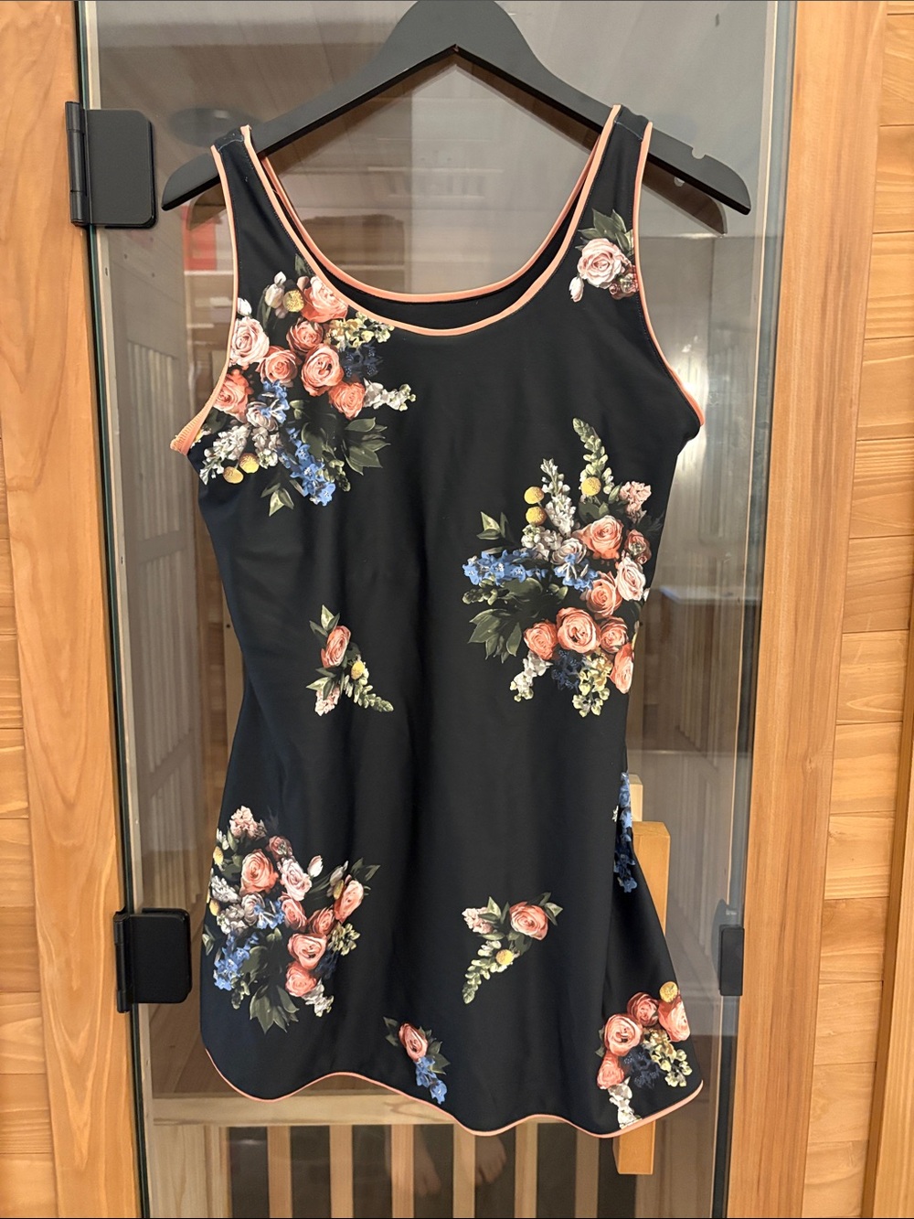 Black Floral Scoop Mini Dress with Pink Trim